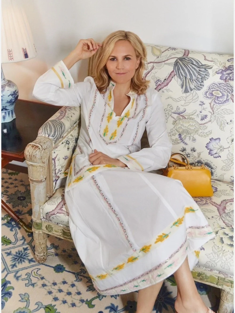 TORY BURCH WHITE COTTON FLORAL RIBBON EMBELLISHED EMBROIDERED TUNIC TOP